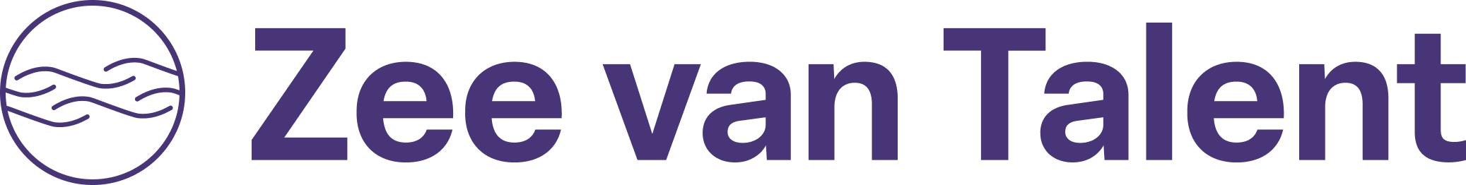Zee Van Talent logo, on the left it shows a round shape with waves in it, this is the brand's logo mark. On the right there is the written out brand name in a sans serif font. The logo is of a deep pruple